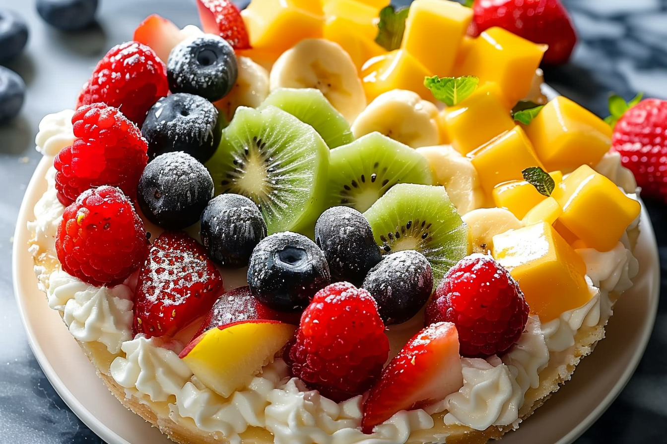 A colorful bowl of creamy cheesecake fruit salad topped with fresh berries and mint leaves