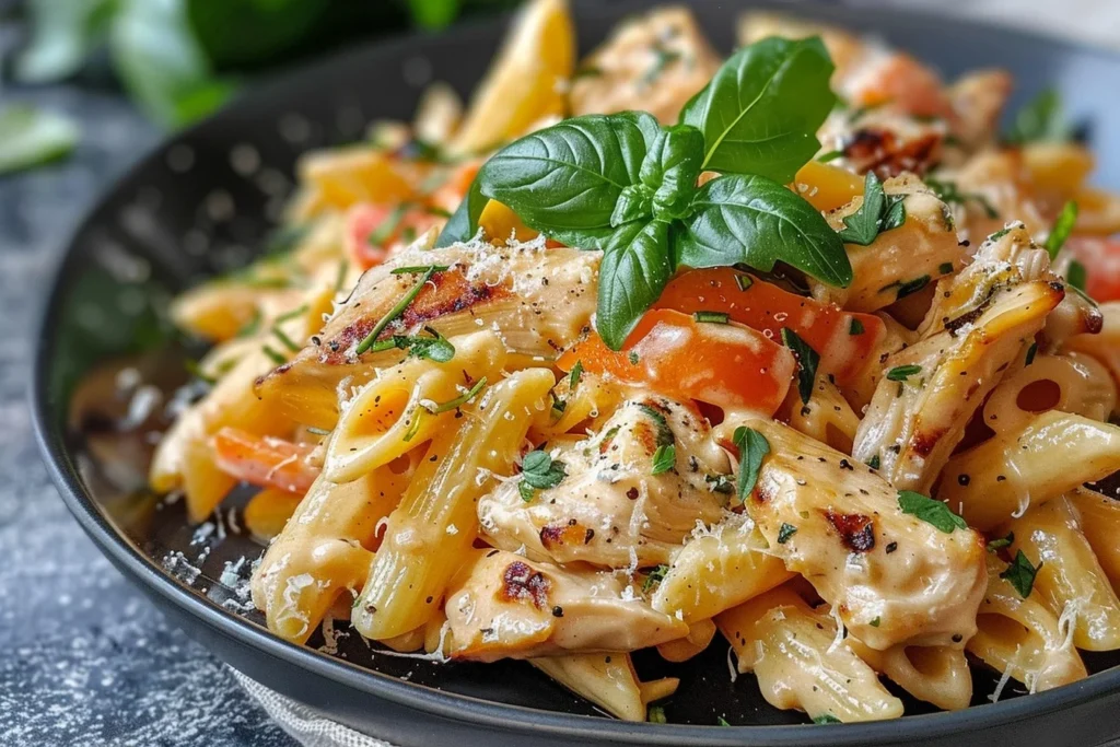 A plate of creamy chicken penne alla garnished with parsley and grated parmesan cheese