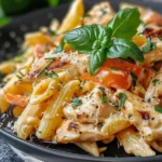 A plate of creamy chicken penne alla garnished with parsley and grated parmesan cheese