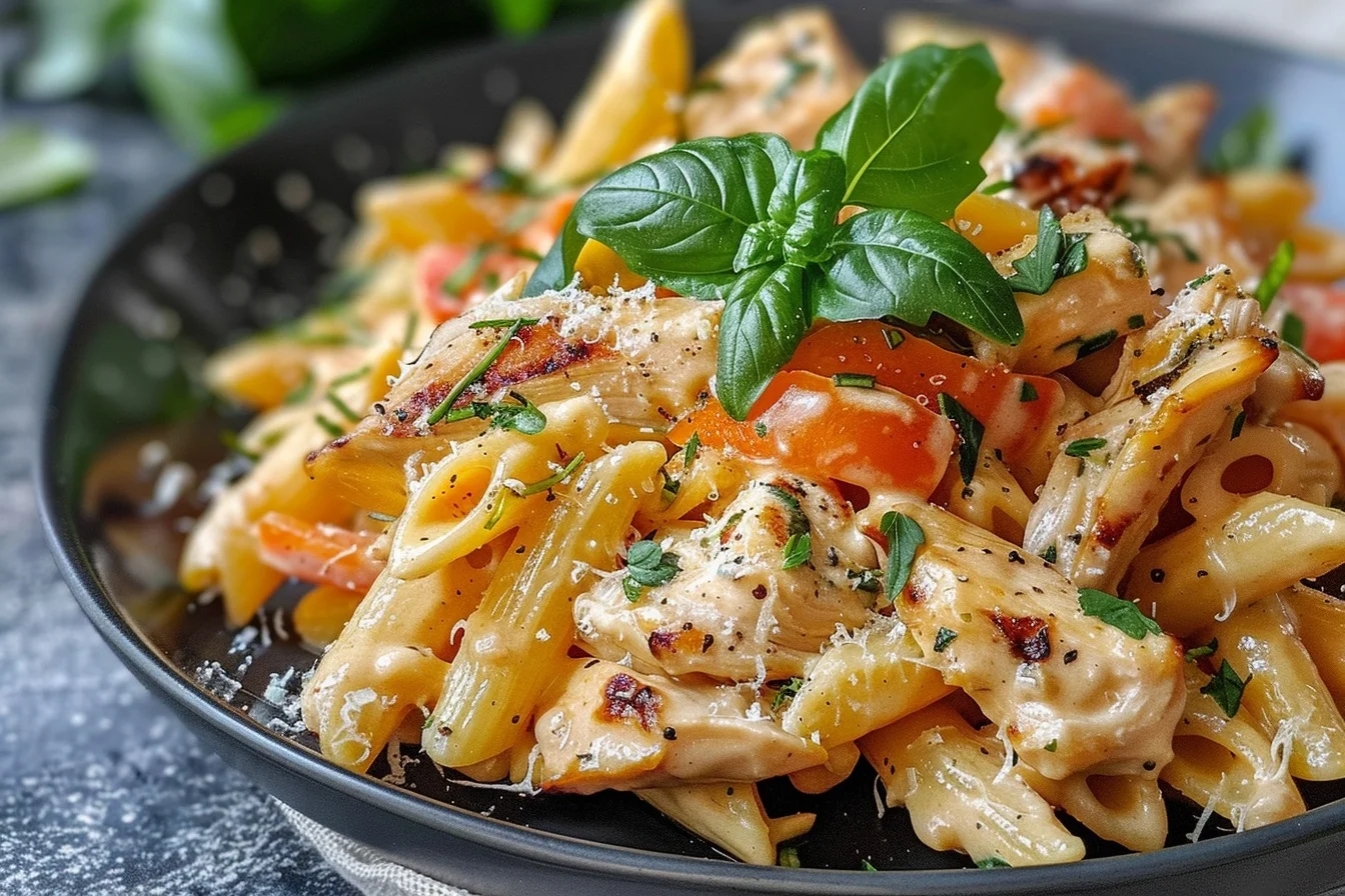 A plate of creamy chicken penne alla garnished with parsley and grated parmesan cheese