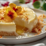 A bowl of creamy coconut custard filling with a spoon, surrounded by coconut flakes and fresh fruit slices