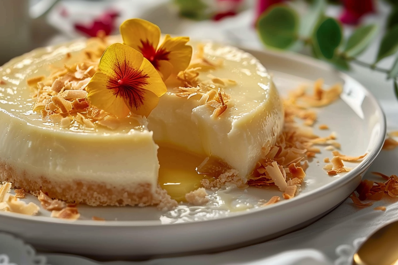 A bowl of creamy coconut custard filling topped with shredded coconut and a spoon