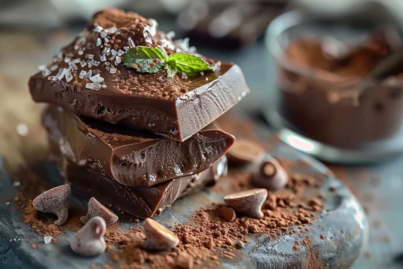 A bowl of creamy dairy free chocolate mousse topped with fresh raspberries and mint leaves