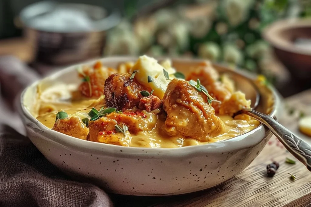 A bowl of creamy instant pot butter chicken garnished with fresh cilantro and served with rice