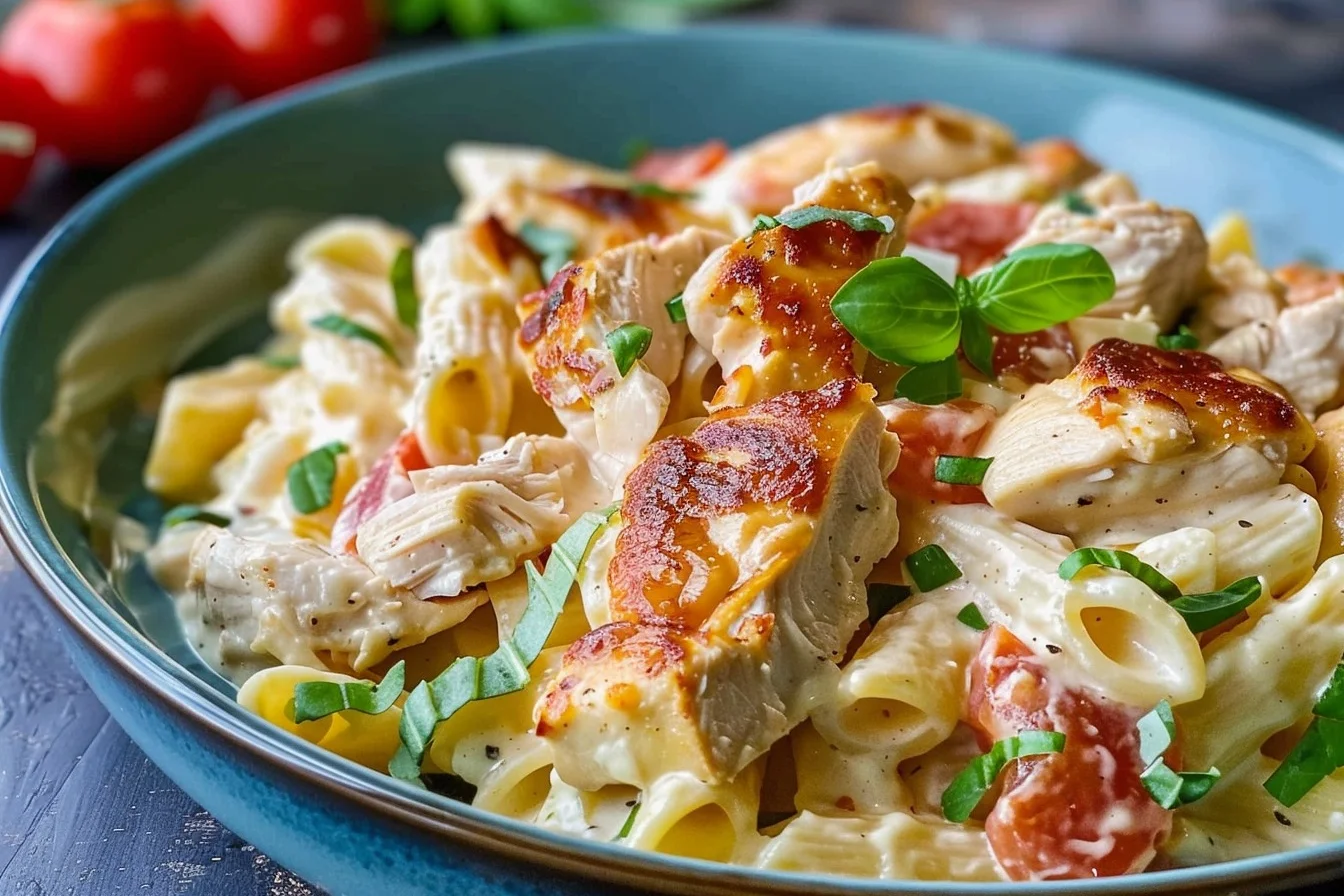 A bowl of creamy marry chicken pasta topped with parsley and grated cheese
