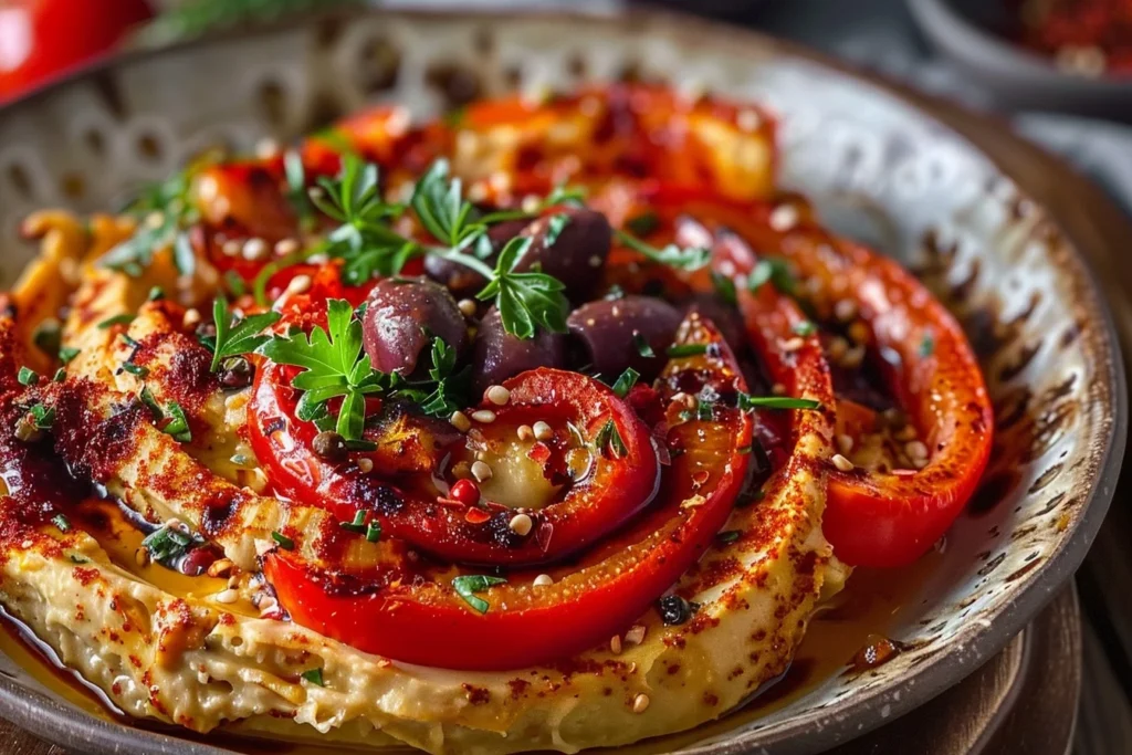 creamy mediterranean roasted red 5 Unlock the Secret of Recipe 1 A vibrant bowl of creamy Mediterranean roasted red pepper dip garnished with fresh herbs and pita chips