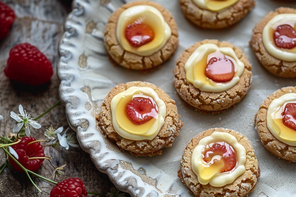 A plate of creamy mouthwatering cheesecake thumbprint cookies topped with colorful fruit jam