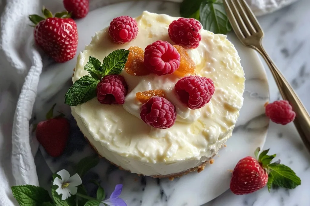 A slice of creamy sugar free keto cheesecake topped with fresh berries on a white plate