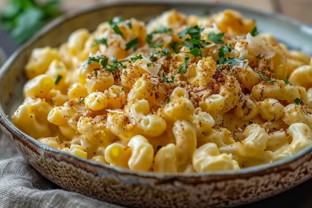 A bowl of creamy vegan cashew mac topped with fresh herbs and spices