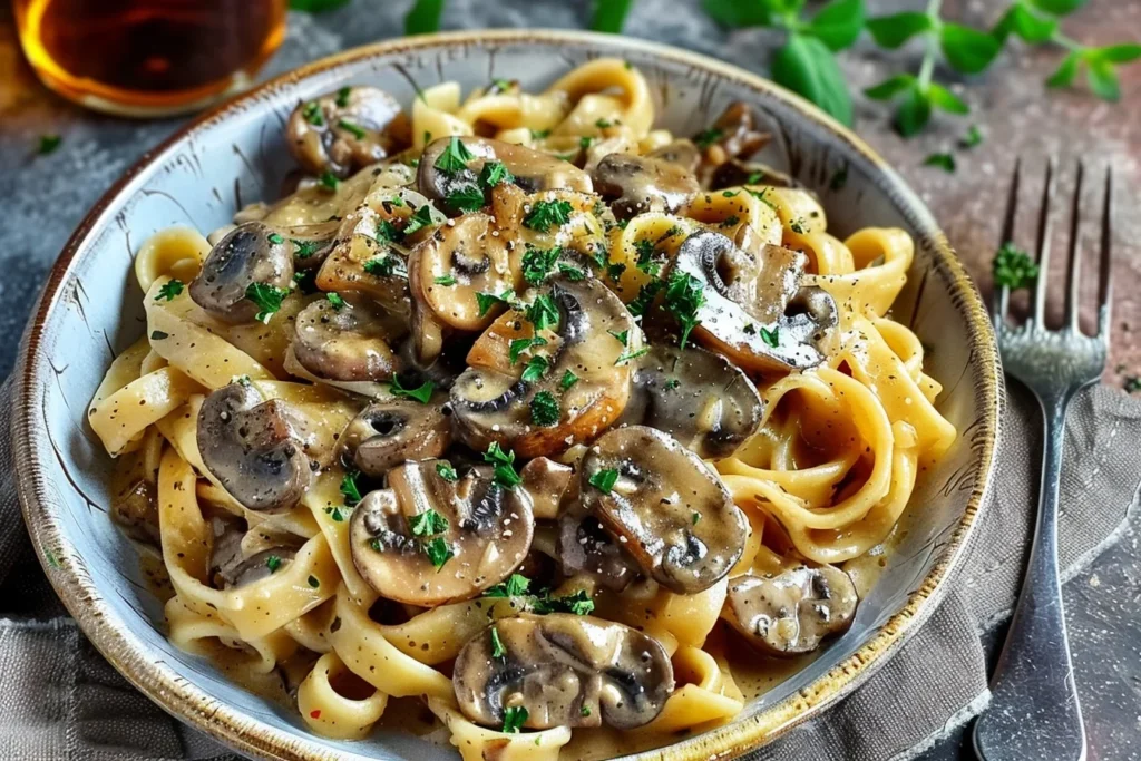 A bowl of creamy vegan mushroom stroganoff garnished with parsley and served with pasta