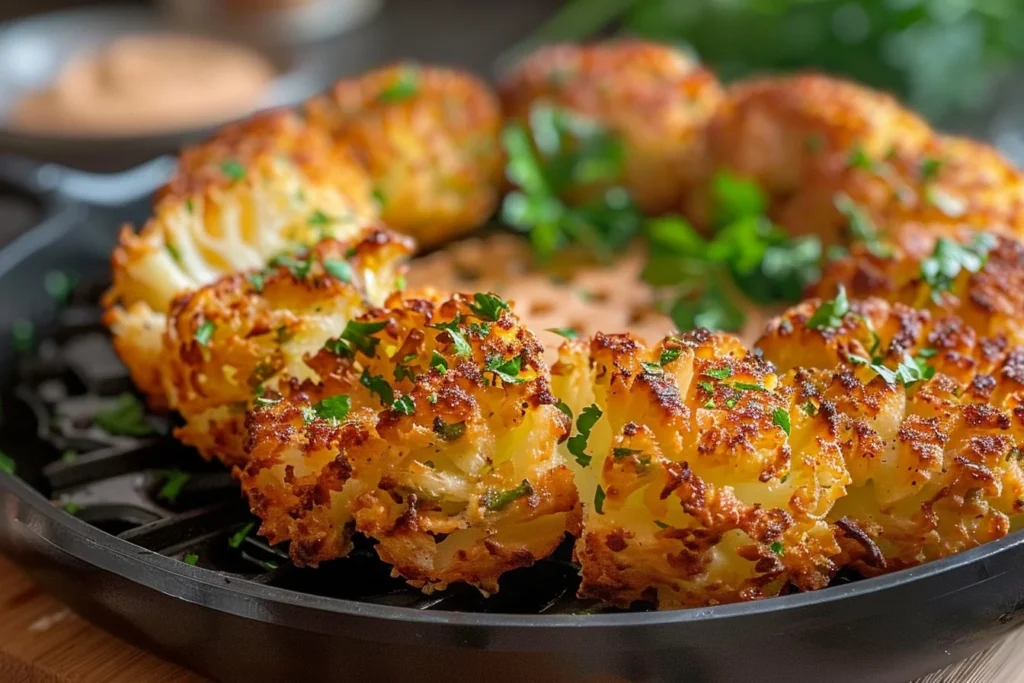 A golden brown crispy air fryer blooming onion served on a white plate with dipping sauce.