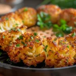 A golden brown crispy air fryer blooming onion served on a white plate with dipping sauce.