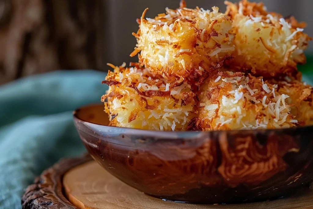 A plate of crispy air fryer coconut shrimp garnished with fresh herbs and a dipping sauce