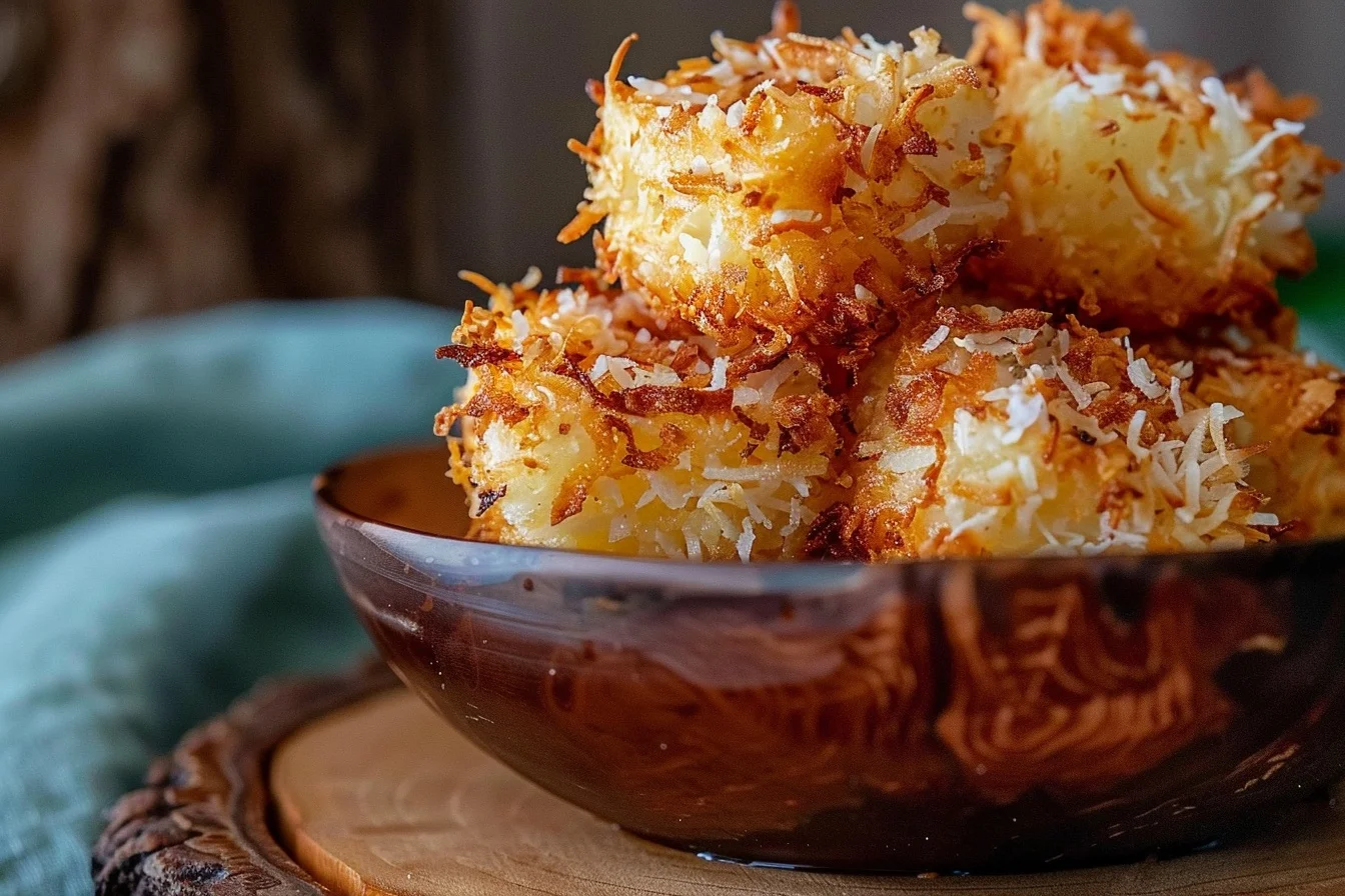 A plate of crispy air fryer coconut shrimp garnished with fresh herbs and a dipping sauce