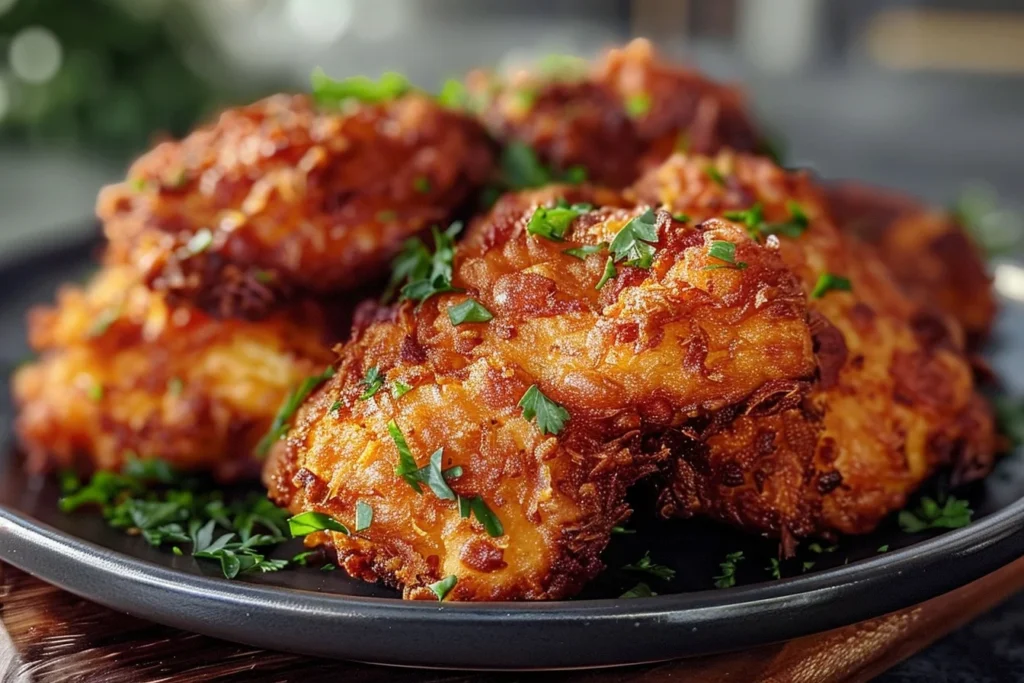Crispy Gluten Free Fried: 6 Irresistible Chicken Recipes 1 A plate of crispy gluten free fried chicken garnished with fresh herbs and served with dipping sauce