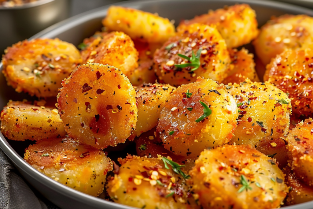 A plate of crispy golden parmesan potatoes garnished with parsley, served with a dipping sauce