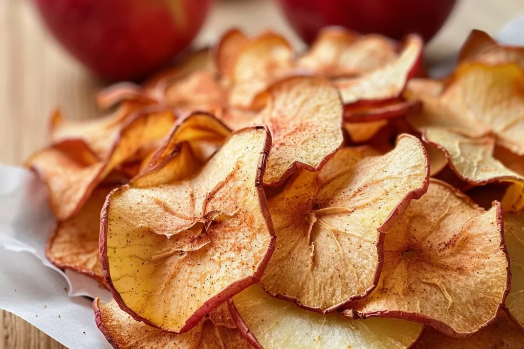 A bowl of crispy homemade apple chips garnished with cinnamon and served on a wooden table