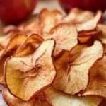 A bowl of crispy homemade apple chips garnished with cinnamon and served on a wooden table