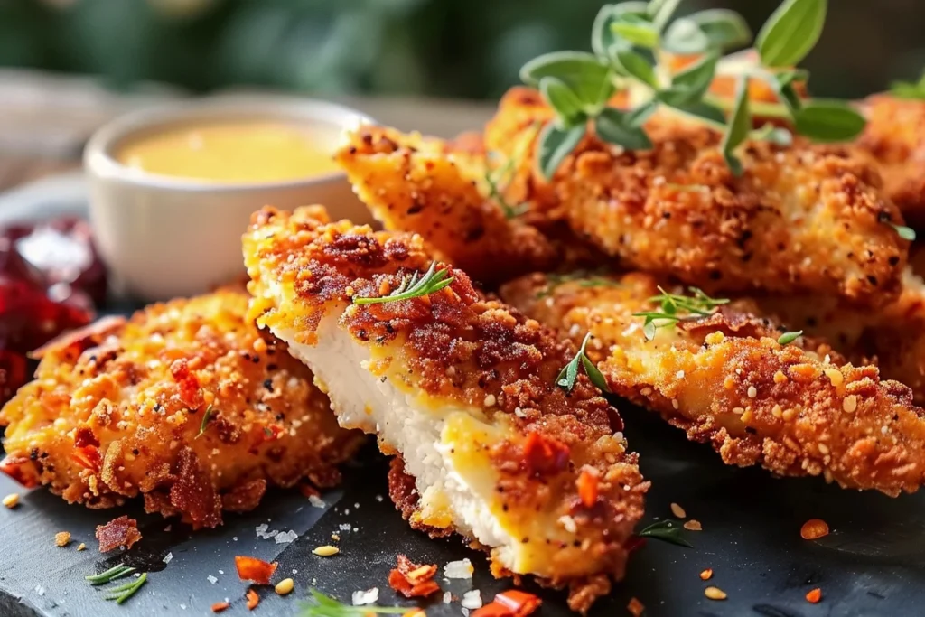 crispy paleo chicken tenders 5 Unleash the Flavor: Recipe 1 Golden brown crispy paleo chicken tenders served on a wooden platter with dipping sauce