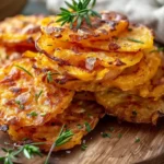 A plate of crispy whole30 sweet potato rounds garnished with fresh herbs and served with avocado slices