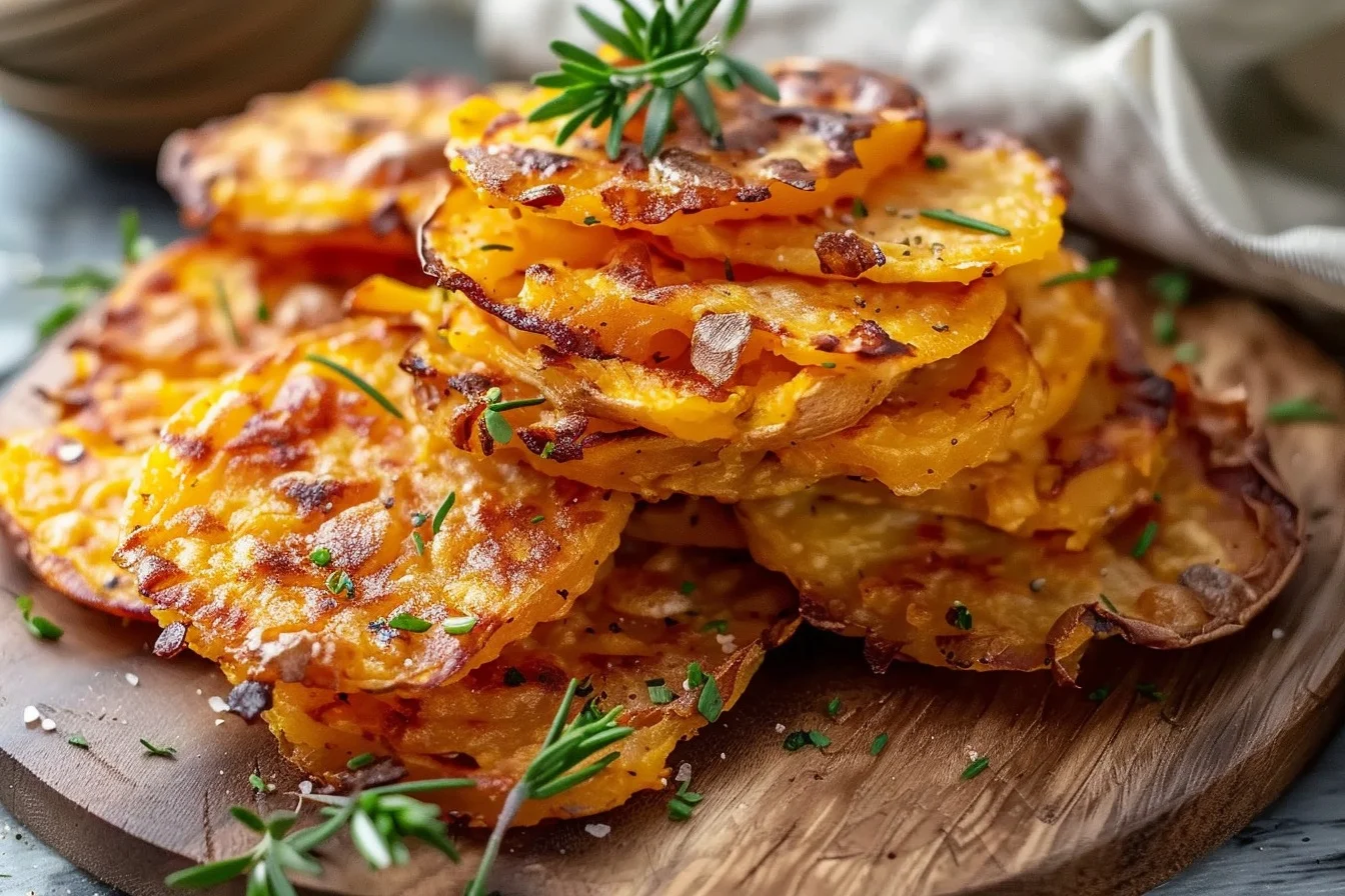 A plate of crispy whole30 sweet potato rounds garnished with fresh herbs and served with avocado slices