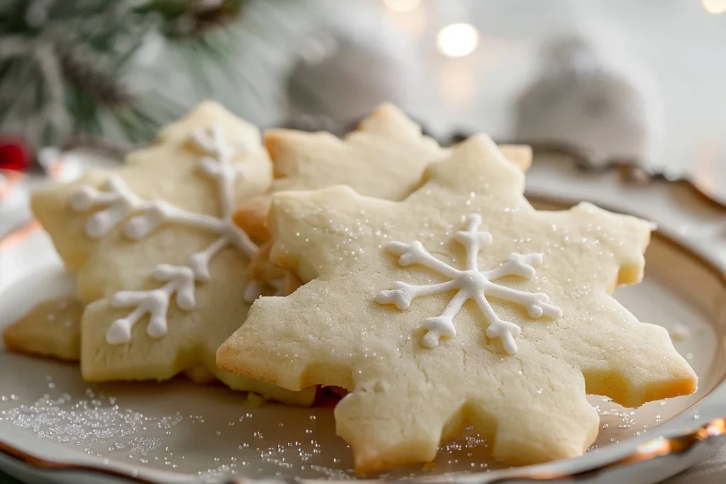 A beautifully decorated cut out sugar cookie in various shapes, including stars and hearts, with colorful icing and sprinkles.