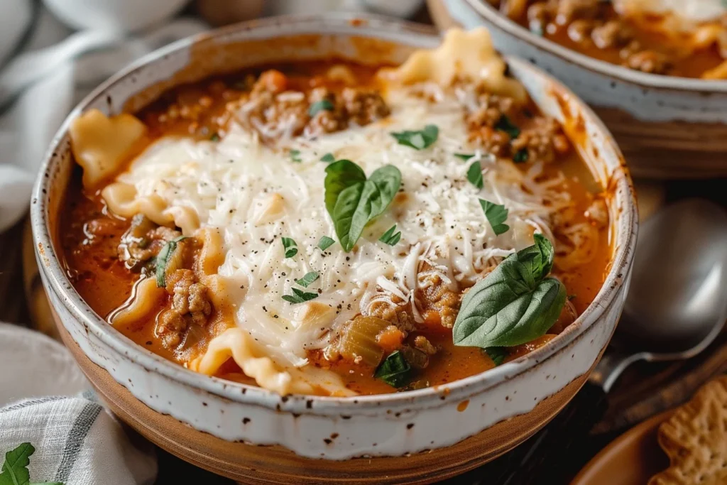 A steaming bowl of dairy free lasagna soup topped with fresh basil and vegan cheese
