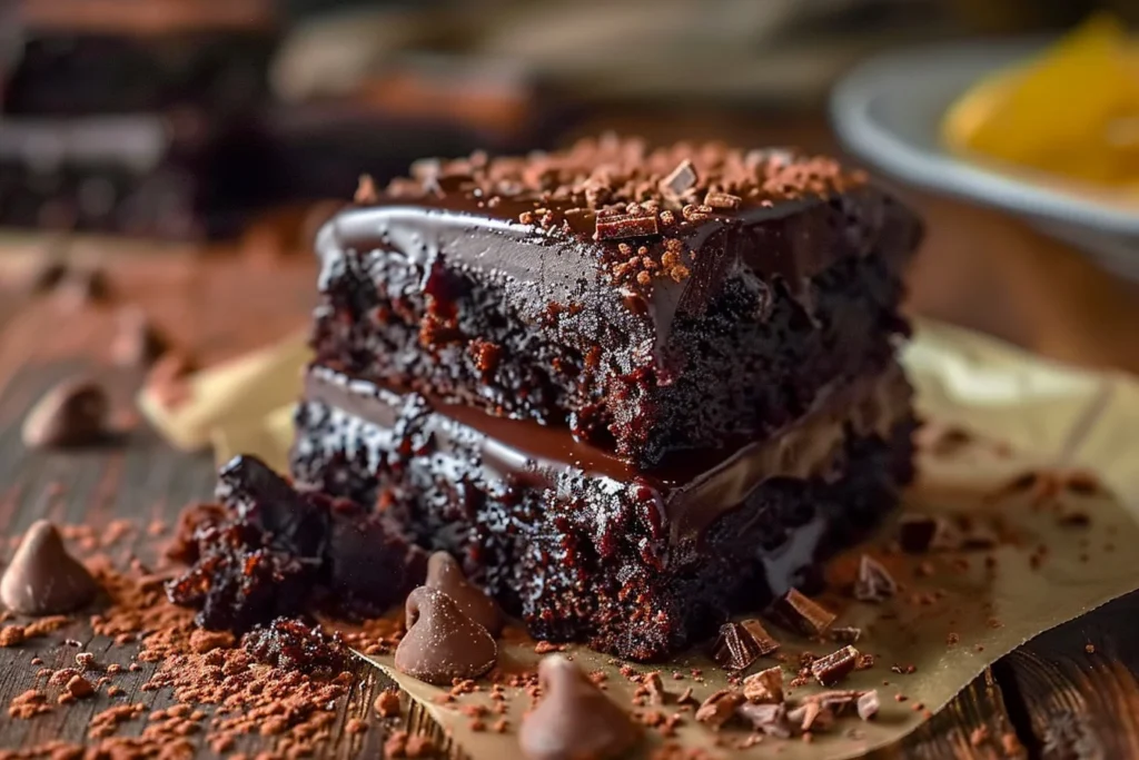 A rich, fudgy gluten free chocolate cake topped with dark chocolate ganache and fresh berries.