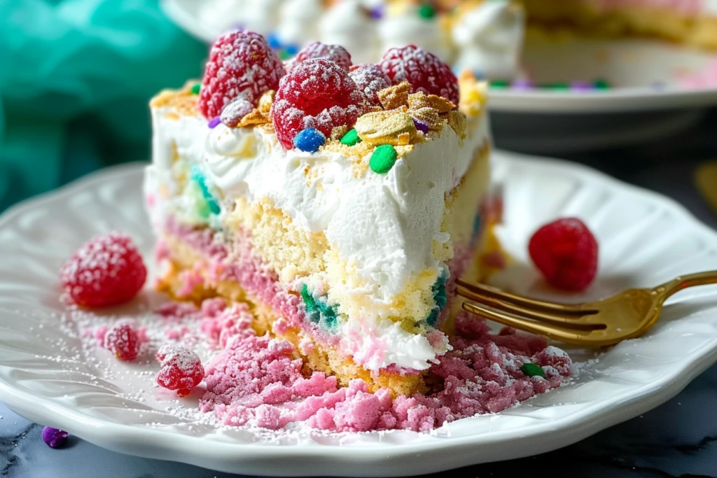 A colorful Easter poke cake topped with pastel frosting, sprinkles, and decorative eggs