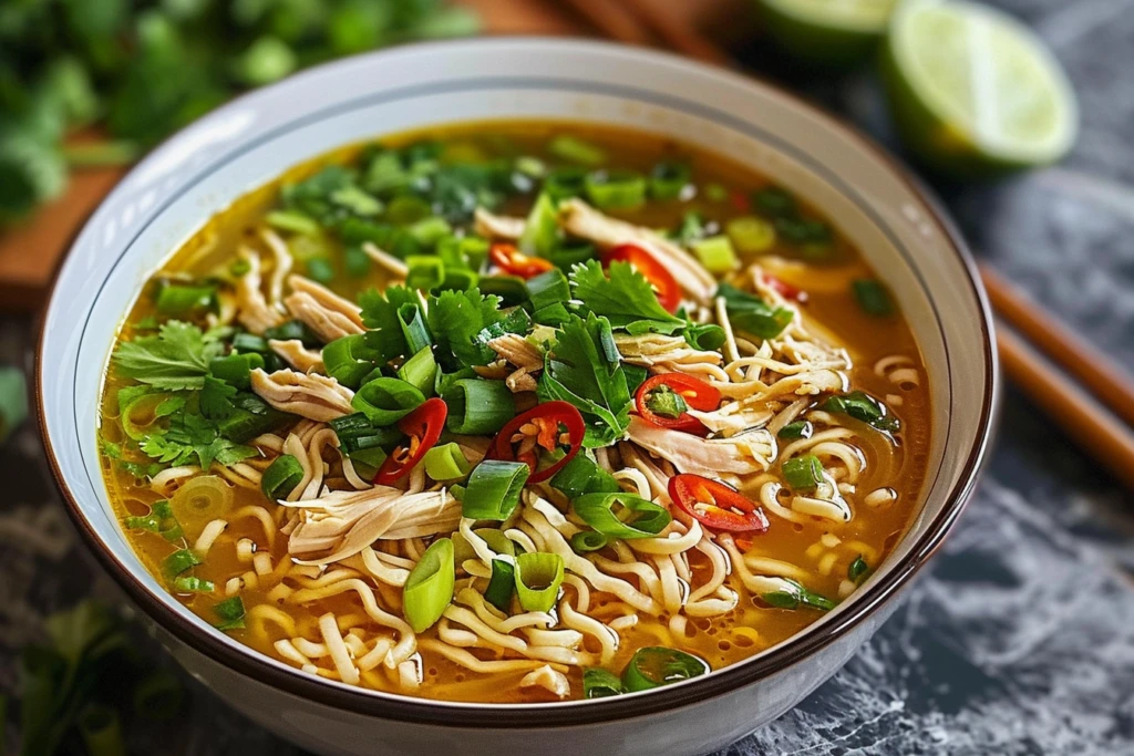 A steaming bowl of Asian chicken noodle soup garnished with green onions and cilantro