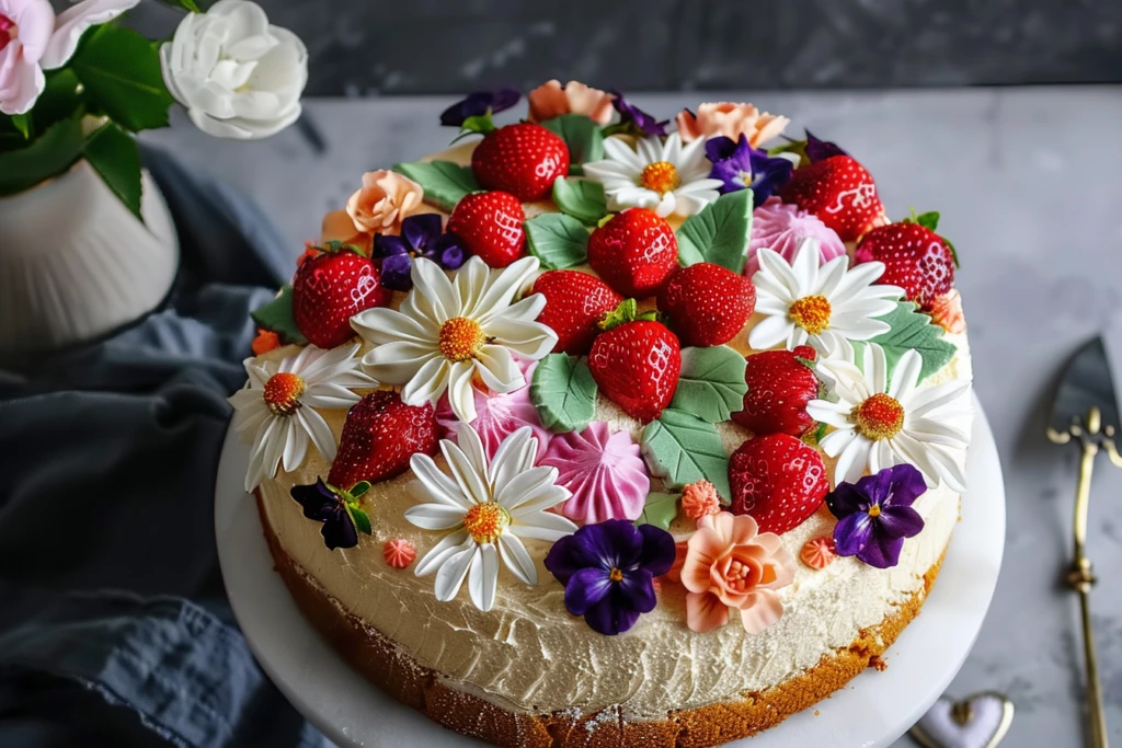 A beautifully decorated Mother’s Day cake with pink frosting, fresh flowers, and elegant designs on a white plate.