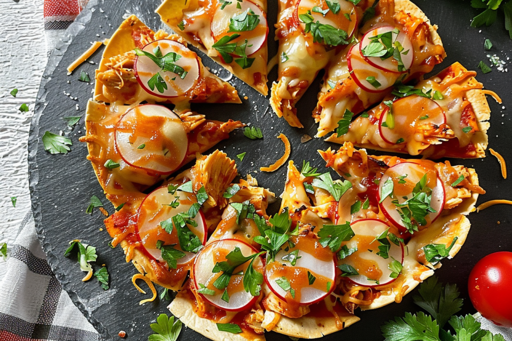 A beautifully arranged blooming chicken quesadilla ring garnished with fresh herbs and served on a wooden platter.