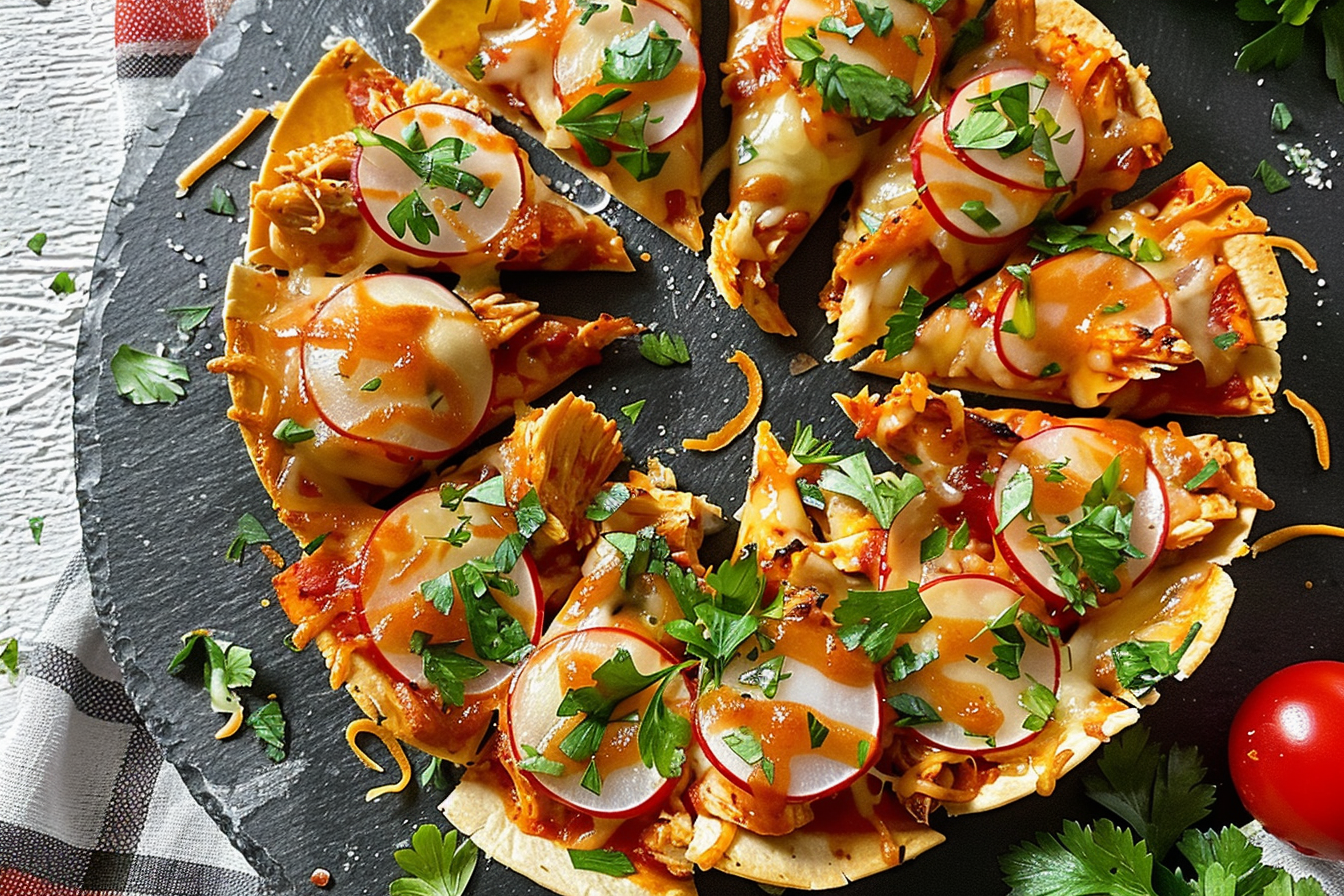 Easy blooming chicken quesadilla ring 5 1 A beautifully arranged blooming chicken quesadilla ring garnished with fresh herbs and served on a wooden platter.