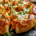 A creamy buffalo chicken pizza dip served in a white bowl, garnished with green onions and surrounded by tortilla chips.
