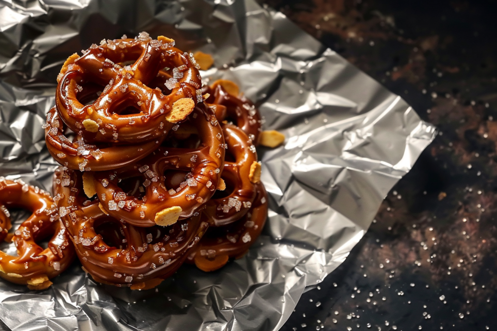 A plate of golden brown butter toffee pretzels drizzled with chocolate and sprinkled with sea salt.