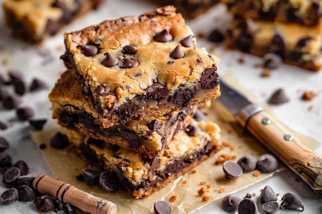 A delicious tray of freshly baked chocolate chip cookie bars, golden brown and topped with melted chocolate chips.