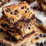 A delicious tray of freshly baked chocolate chip cookie bars, golden brown and topped with melted chocolate chips.