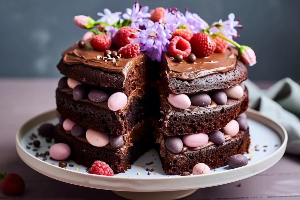 A beautifully decorated chocolate Easter egg cake topped with colorful chocolate eggs and pastel sprinkles on a white cake stand.