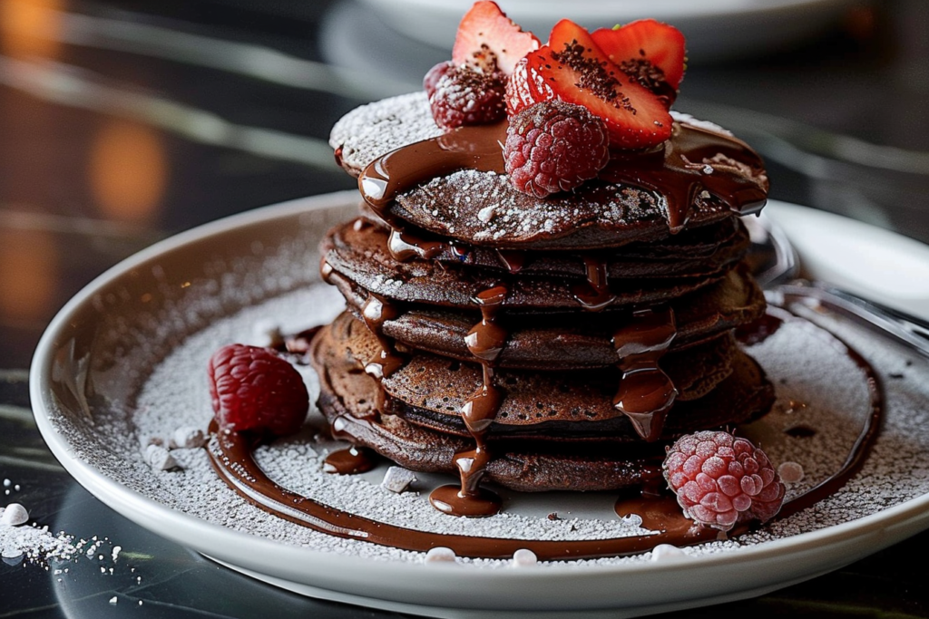 Stack of fluffy chocolate protein pancakes topped with fresh berries and a drizzle of maple syrup