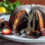 A beautifully sliced classic marble bundt cake on a white plate, showcasing its swirled chocolate and vanilla layers.