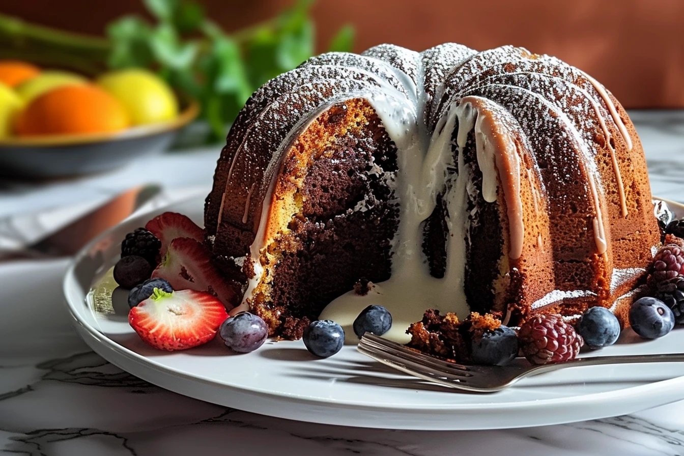 Easy Classic Marble Bundt Cak: 7 Timeless Recipes 1 A beautifully sliced classic marble bundt cake on a white plate, showcasing its swirled chocolate and vanilla layers.