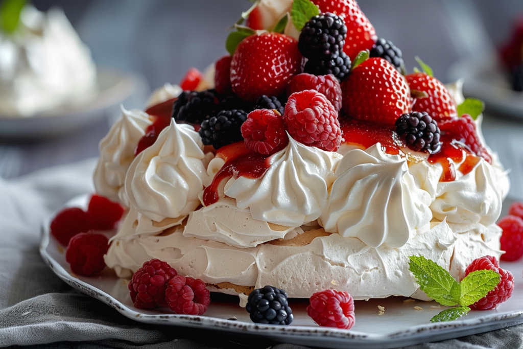 Easy Classic Pavlova: 5 Elegant Desserts 1 A beautifully presented classic pavlova topped with fresh strawberries and whipped cream on a white plate