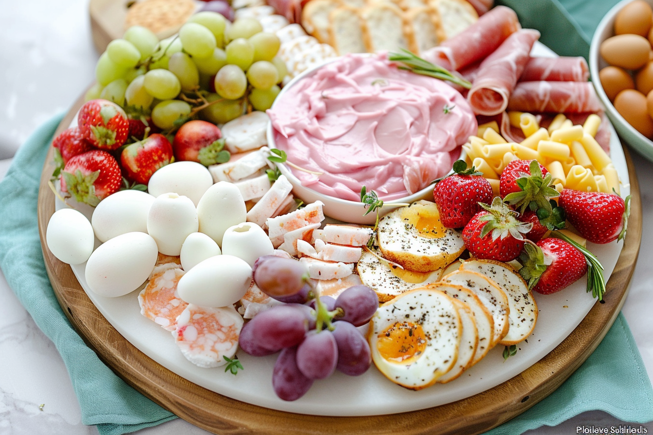 Easy cute easter charcuterie board 5 1 A beautifully arranged cute Easter charcuterie board featuring colorful fruits, cheeses, and festive decorations.
