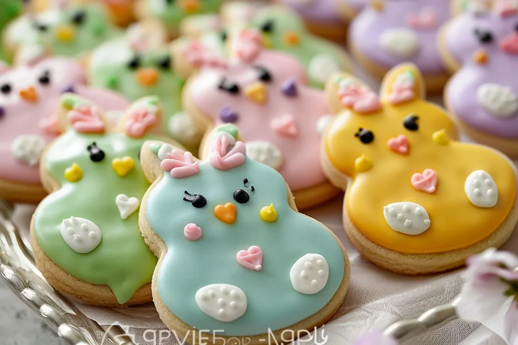 A colorful assortment of decorated Easter cookies shaped like bunnies, eggs, and flowers on a white plate.