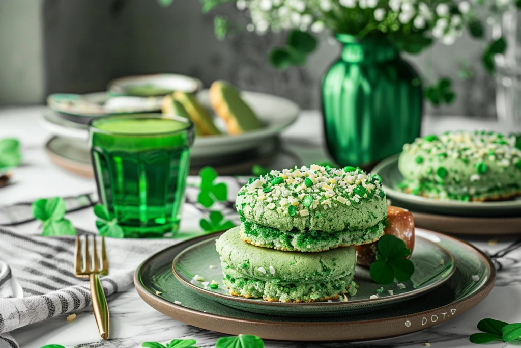 A vibrant green dessert decorated with shamrocks and gold sprinkles for St. Patrick's Day