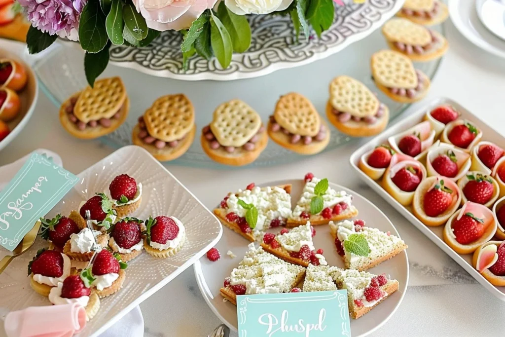 A beautifully arranged platter of colorful baby shower food including cupcakes, fruit skewers, and mini sandwiches.