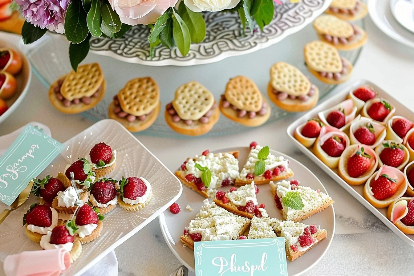 A beautifully arranged platter of colorful baby shower food including cupcakes, fruit skewers, and mini sandwiches.