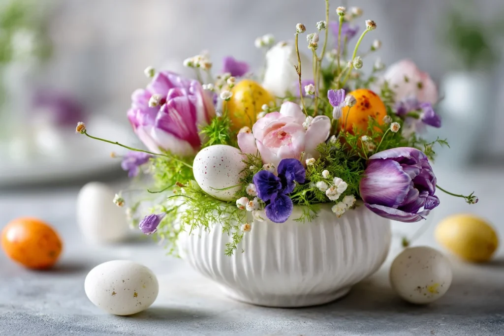 Easy diy easter centerpiece ideas 5 1 Colorful DIY Easter centerpiece with flowers, eggs, and decorative elements arranged on a table