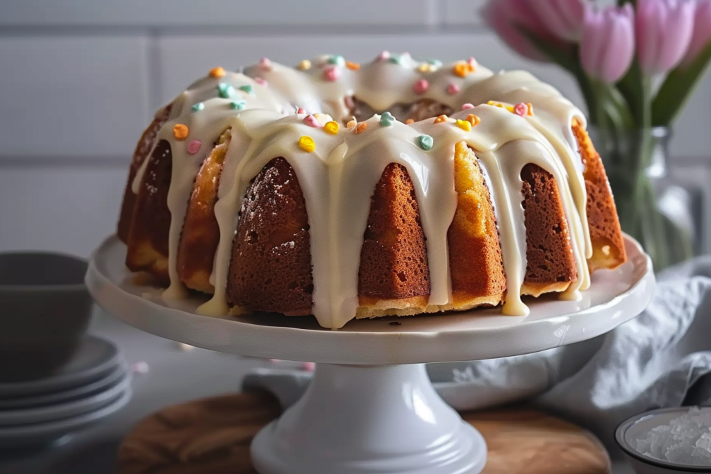 A beautifully decorated Easter bundt cake topped with pastel-colored icing and edible flowers