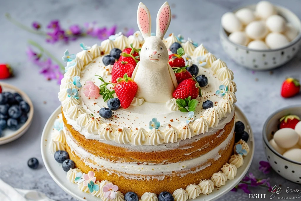 A beautifully decorated Easter bunny cake with pastel colors, edible flowers, and bunny ears